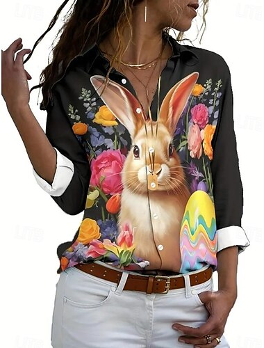  Pasqua Per donna Camicia Grafico Animale Casual Manica Lunga Colletto a Camicia Top Regolari Lavoro Quotidiano Bottoni Stampato Nero Primavera Autunno