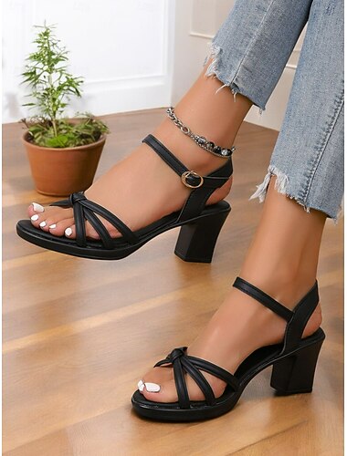  Black Strappy Low Block Heel Sandals with Knotted Detail – Casual & Elegant Summer Shoes for Women