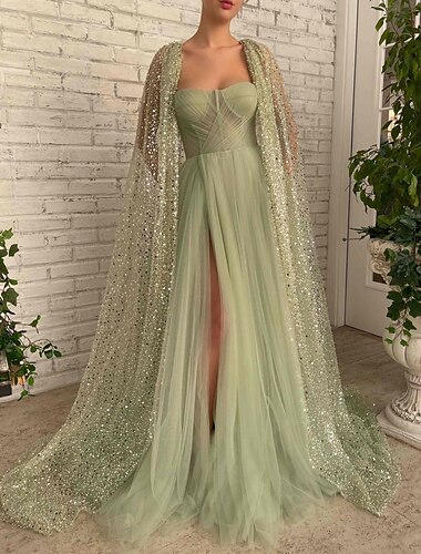  Abito da sera a-line abito elegante matrimonio gala black tie strascico/maniche lunghe spalline spaghetti tulle con glitter perle arricciate