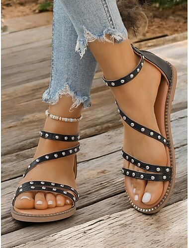  dames gladiator sandalen met studs – zwarte platte sandalen met bandjes en klinknageldetails voor zomer-, casual- en strandkleding