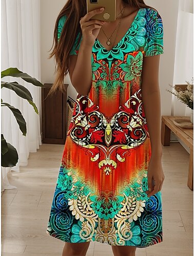  Damen Mini Kleid A-Linien Kleid T-Shirt Kleid Tee Kleid Freizeit Urlaub Täglich Regulär Fit Floral Grafik Paisley Kurzarm V-Ausschnitt Schwarz Dunkelgrün Grün Sommer Frühling