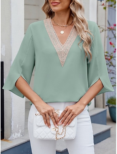  Blouse Femme Unie Stylée Décontractée à Manches 3/4 Col V Hauts Réguliers Quotidien Dentelle Patchwork Noir Blanc Rose Bleu Vert Été Printemps