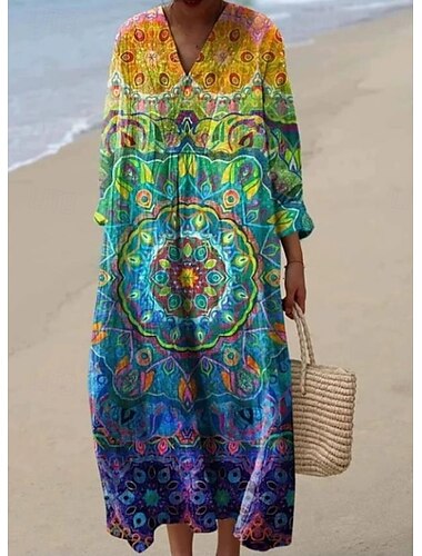  Damen Midikleid Sommerkleid A Linie Kleid Urlaub Lässig Boho Ausgehen Strand Grafik Langarm V Ausschnitt Gelb Rosa Blau Braun Sommer Frühling