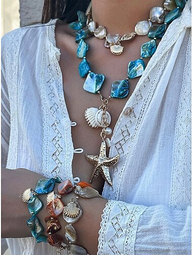  collana boho con stelle marine da spiaggia – gioielli fatti a mano con ciondolo in pietra blu e conchiglia per donna, collana statement ispirata all'oceano per estate, vacanze e abbigliamento da resort