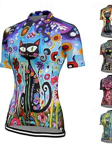  女性用 サイクリングジャージー 半袖 バイク Tシャツ ジャージー 3つのリアポケット付き マウンテンサイクリング 高通気性 速乾性 人間工学デザイン ウィッキング ブルー ミントグリーン ダークグリーン 猫 スポーツ 衣類