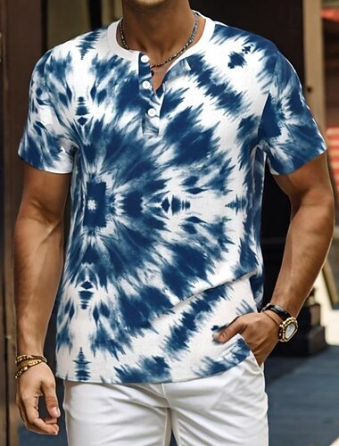  男性用 タイダイプリント Tシャツ ヘンリーシャツ 半袖 デザイナー レトリ／ヴィンテージ ストリート カジュアル 日常 夏 春 ブルー ヘンリー ヘンリーTシャツ