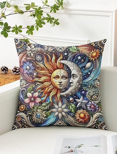  Sonne und Mond dekorative Wurfkissenbezug 1PC Mandala Bohemian Weicher quadratischer Sofakissenbezug Kopfkissenbezug für Schlafzimmer Wohnzimmer Sofa Stuhl