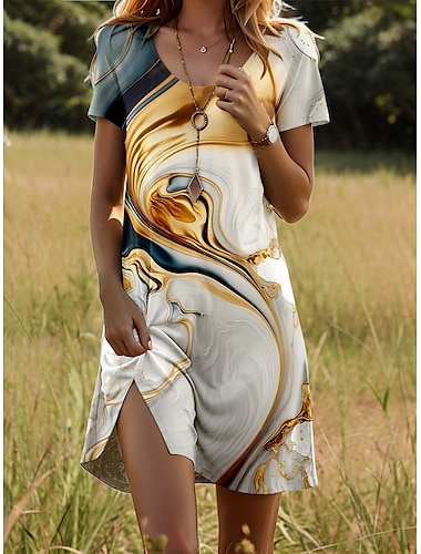  Femmes Mini Robe Robe T-Shirt Robe trapèze Robe d'été Vacances Occasionnel Quotidien Fête Week-end Coupe régulière Graphique Géométrique Manche Courte Col ras du cou Dorée Été Printemps