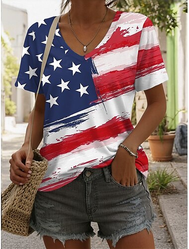  女性の愛国的Tシャツ フラッグ スタイリッシュ カジュアル レッドホワイトブルー 短袖 Vネック レギュラー トップス デイリープリント ブルー サマー