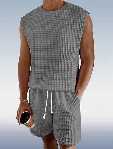  Herren Waffelhemd Tank Top T-Shirt Anzüge Tennishemd Kurze Ärmel Henley Sommer Einfarbig Gymnastik Lässig 2 teilig Urlaub Ferien Alltagskleidung Schwarz Weiß Grau Top T-Shirt für Herren