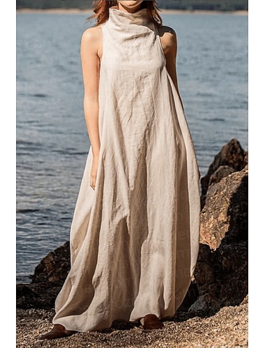  Damen Langes Kleid Maxikleid Kunstbaumwollleinen Shiftkleid Sommerkleid Mode Klassisch Modern Urlaub Ausgehen Wochenende Normale Passform Einfach Ärmellos Rollkragen Schwarz Khaki Dunkelgray Leicht