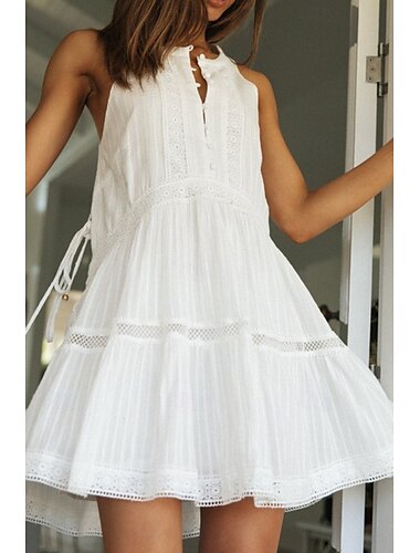  Femmes Mini Robe Robe Blanche Mode Moderne Anniversaire Remise des Diplômes Date Coupe régulière Uni Sans manches Col montant Blanche Été