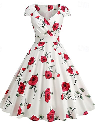  1950er Vintage inspiriert Cocktailkleid Mittlere Länge Lange Länge Kleid Partykostüm Cocktailkleid T-Shirt Ärmel Vintage Druck Blume / Blumenmuster Prinzessin V Ausschnitt Normal Damen Valentinstag