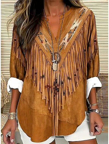  Dames Boho Blouse Westerse Blouse Grafisch Geometrisch Bohemia Vintage Dagelijkse Lange Mouw V Hals Regular Tops Dagelijkse Vakantie Kleding Print Khaki Zomer Lente
