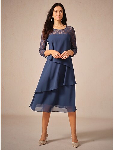  Damen Midikleid Spitzenkleid abendkleider Cocktailkleid Kleid für Hochzeitsgäste Modisch Party Modern Urlaub kleid hochzeitsgast Cocktailparty Regular Fit Einfarbig Langarm Rundhalsausschnitt