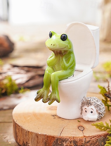  kikker zittend op toiletbeeldje, grappig kikkerbeeldje van hars, decoratie voor thuis, schattig badkamerornament, display voor receptiebalie, miniatuur verzamelobject kikkerknutselwerkje