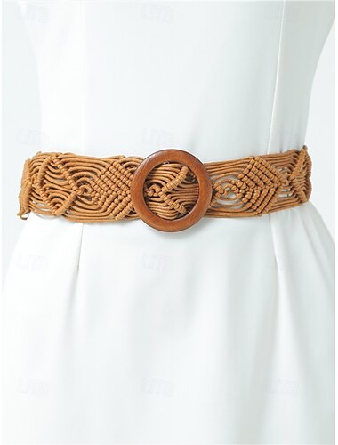  Boho Makramee gewebter Gürtel für Damen – handgefertigter breiter Taillengürtel mit Holzschnalle, Vintage-Chic-Stil für Kleider, lässige Outfits und Sommer-Strandmode
