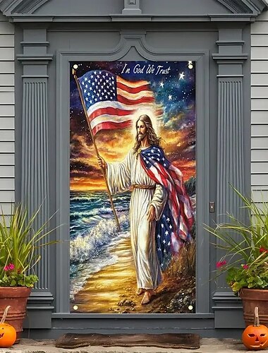  Unabhängigkeitstag 4. Juli Türdekorationen Türabdeckungen Jesus amerikanische Türteppich Türvorhang Dekoration Hintergrund Innen/Außen-Türbanner für Eingangstür Bauernhaus