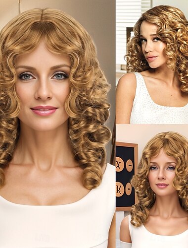  פאות סינתטיות גלי מתולתל לארוג תספורת אסימטרית עם קוקו הוכן באמצעות מכונה פאה 20 אינץ' A1 שיער סינטטי בגדי ריקוד נשים קלאסי נוח צבע הדרגתי מוזהב