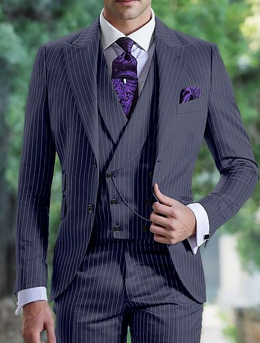  Herren Hochzeits Business Anzüge Heimkehr Anzüge Schwarz Blau Mode Formal Gestreift Standard Passform 3-teilig Einreiher mit zwei Knöpfen