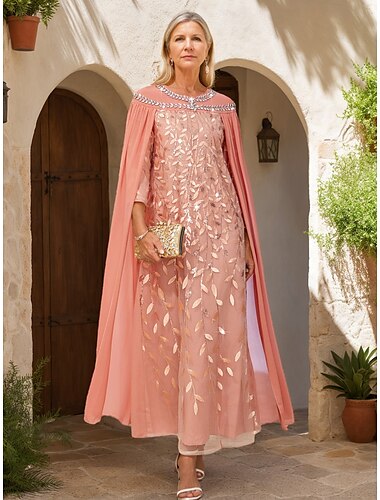  A-Linien-Kleid, elegantes Vintage-Partykleid mit Rundhalsausschnitt, bodenlanges Chiffon, lange Ärmel, mit Perlenbesatz, bestickter Spitzenapplikation 2025