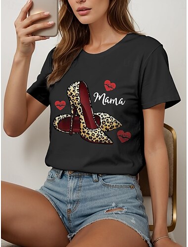  母の日 女性用 Tシャツ コットンシャツ ハート お母さん グラフィック カジュアル 半袖 ラウンドネック レギュラートップス 日常 プリント ブラック ホワイト 夏