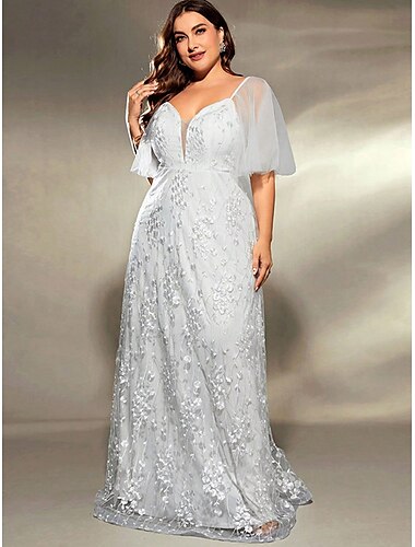  Plus Size Klänning Mor till Bruden Curve Klänning Elegant V-Uttag Golvlängd Polyester Kortärm med Spets 2025