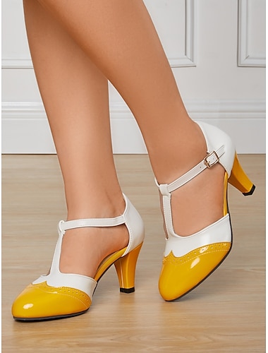  Zapatos Mary Jane con tiras en T de estilo vintage de los años 50 para mujer: zapatos de tacón bajo con diseño brogue de dos tonos para fiestas retro, ropa de oficina y ocasiones especiales