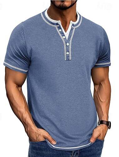  男性用 ヘンリーシャツ Tシャツ 半袖 平織り ヴィンテージ ボタン フェイクツーピース ヘンリー アウトドア カジュアル 日常 夏 春 & 秋 ダークグレー ブラック ライトブルー ヘンリーTシャツ