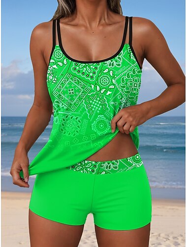  Damen Badeanzüge Tankini 2-teilig Shorts Badeanzug Rückenausschnitt Urlaub Strandbekleidung Ombre Grafik U-Ausschnitt Ärmellos Badeanzüge