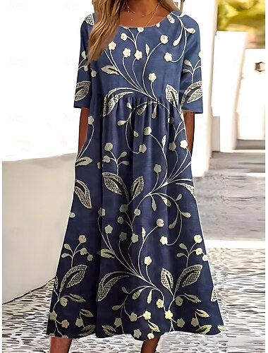  Damen Midikleid Sommerkleid Faltenkleid Urlaub Lässig Strand Täglich Ausgehen Sommerkleid Lässiger Schnitt Blumen Grafik Kurzarm Rundhalsausschnitt Weiß Rosa Blau Dunkelblau Sommer