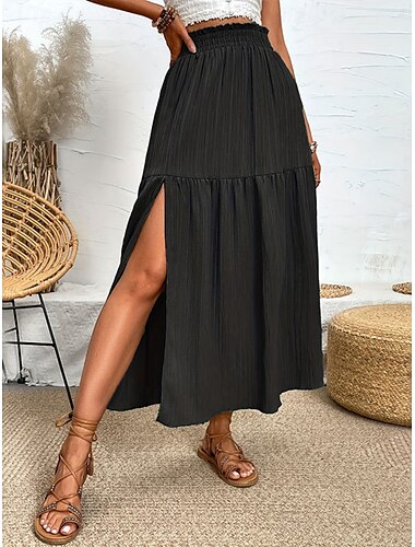  Damen Rock Schwingend Mode Lässig Maxi Hohe Taille Röcke Einfarbig Rüsche Gespleißte Enden Mikroelastisch Alltagstauglich Wochenende Schwarz Blau Grün Sommer Polyester