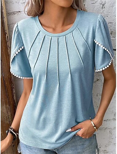  Damernes Bluse Ensfarvet Stilfuld Casual Kort Ærme Crew Neck Regelmæssige Toppe Daglig Hvid Rød Blå Grøn Khaki Sommer Forår