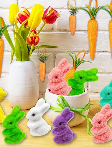  24-teiliges Oster-Ornament-Set aus beflocktem Schaumstoff mit Hasenmotiv, Hängedekorations-Set mit glitzernden Karotten, festliche Partydekoration für den Osterbaum, das Zuhause, das Frühlingsfest