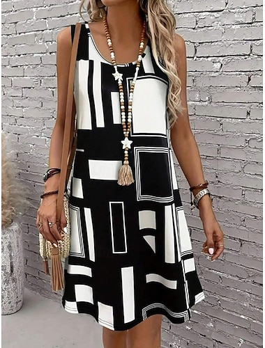  Dames Mini Jurk A-lijn Jurk Zomer Jurk Off The Shoulder Jurk Vakantie Casual Dagelijks Losse Pasvorm Graphic Geometrisch Mouwloos U Hals Zwart Zomer