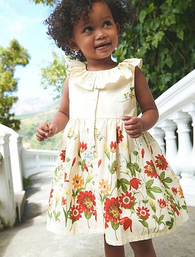  kinderkleidung Mädchen Kleid Blume Ärmellos Outdoor Casual Rüsche Modisch bezaubernd 100% Baumwolle Knielang Casual kleid A Linie Kleid Sommer Frühling 4 Jahre + Weiß