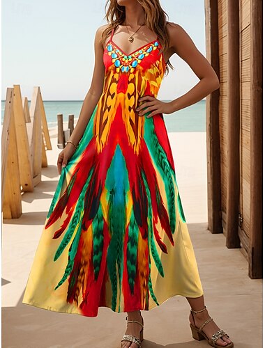  Dames Maxi-jurk A lijn jurk Zomerjurk Slipdress Vakantie Casual Dagelijks Normale pasvorm Grafisch Tribal Mouwloos V-hals Oranje Zomer Lente