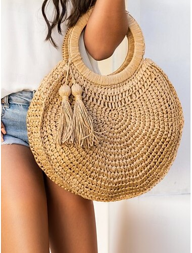  Handgemachte runde Tragetasche aus gewebtem Stroh für Damen mit großem Fassungsvermögen – Bohemian-Strandtasche mit Quasten, Rattan-Geldbörse für den Sommerurlaub, Reisen, Einkaufen und Urlaub, Braun-Beige
