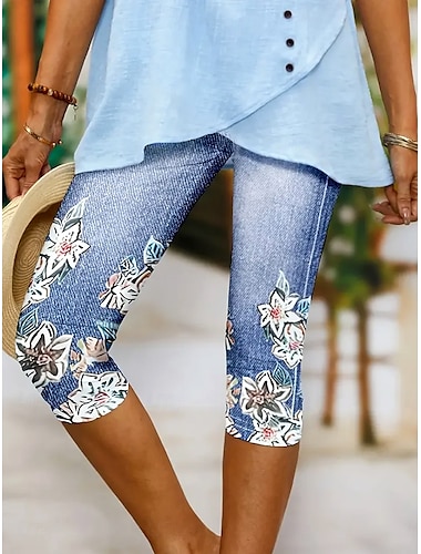  Leggings Capris pour femmes Haute élasticité Vacances Mode Hawaïenne Longueur mollet Taille mi-haute Imprimé floral graphique Respirant Doux Vacances Décontracté Quotidien Bleu lac Été Printemps