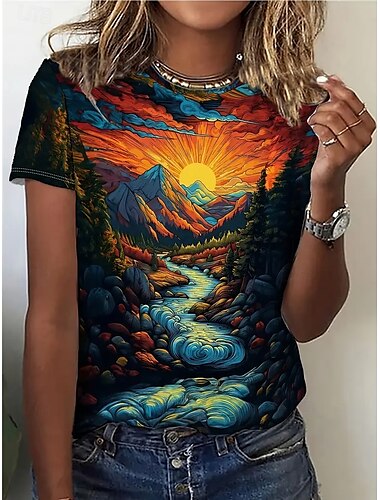  Damen T Shirt Sommeroberteile Grafik Landschaft Klassisch Lässig Kurzarm Rundhalsausschnitt Crop Tops Täglich Wochenende Druck Regenbogen Sommer Frühling Herbst