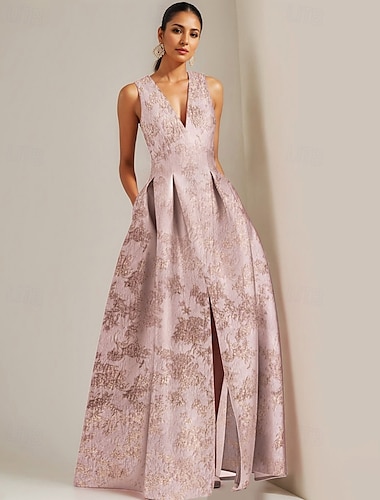  A-Linie Abendkleid Brokat Jacquard Elegantes Kleid Derby Kleid Formelles Hochzeitskleid bodenlang Ärmellos V-Ausschnitt mit Schlitz Hochzeitsgastkleid 2025