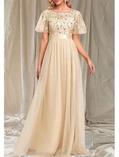  A-Line Wedding Guest Dresses Elegant Dress Wedding Guest Floor Length Short Sleeve Crew Neck Fall Wedding Guest Lace with Glitter Sequin