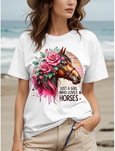  Πουκάμισο Γυναικών Kentucky Derby Βαμβάκι Ροζ Ζώο Γράμμα Καθημερινό Κοντό Μανίκι Στρογγυλό Κολάρο Κανονικά Τοπάκια Καθημερινή Έκδοση Λευκό Καλοκαίρι