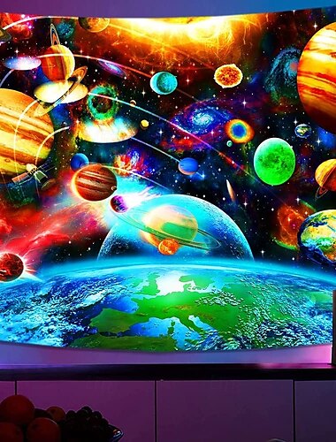  Schwarzlicht Wandteppich Leuchtet im Dunkeln Glow Party UV Reaktiv Planet Universum Trippy Nebeliger Natur Landschaft Hängender Wandteppich Wandkunst Wandmalerei für Wohnzimmer Schlafzimmer