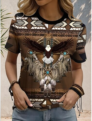  Dames Boho T-Shirt Western T-Shirt Grafisch Geometrisch Tribaal Bohemia Vintage Stijlvol Korte Mouw Ronde Hals Regular Tops Dagelijks Uitgaan Weekend Print Bruin Zomer Lente