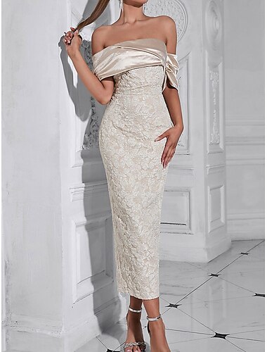  Etui  Säule Partykleider Elegantes Kleid Hochzeit Hochzeitsgast Knöchellänge Ärmellos Off-Shoulder Polyester Rückenfrei mit Druck Derby Kleider 2025
