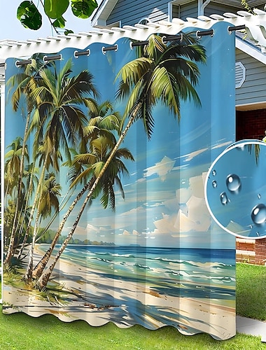  waterdicht buitengordijn privacy, glijdende terrasgordijngordijnen, pergolagordijnen doorvoertule strand palmbomen landschap voor tuinhuisje, balkon, veranda, feest, 1 paneel