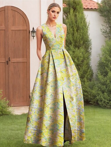  Jacquard Brokat A-Linien Abendkleid Elegantes Kleid Formal Hochzeit Bodenlänge Ärmellos V-Ausschnitt Nylon mit floralem Druck Schlitz Tasche Hochzeitsgastkleid 2025