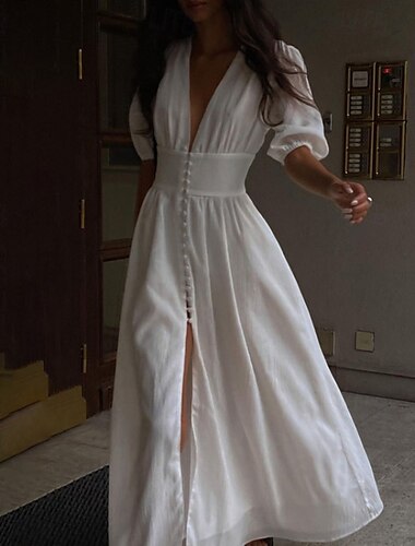  Femmes Robe Midi Robe Blanche Mode Moderne Anniversaire Fête Remise des Diplômes Coupe régulière Uni Manche Courte Col en V Noir Blanche Été