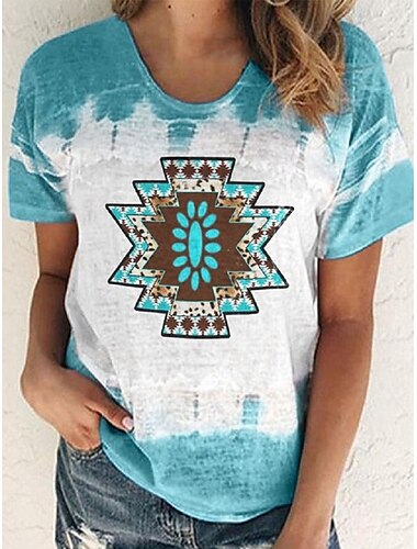  Women's Summer Tops Graphic Tribal Fashion Western Casual Short Sleeve U Neck Regular Tops Daily Going out Weekend Patchwork Print Sky Blue Summer Spring
